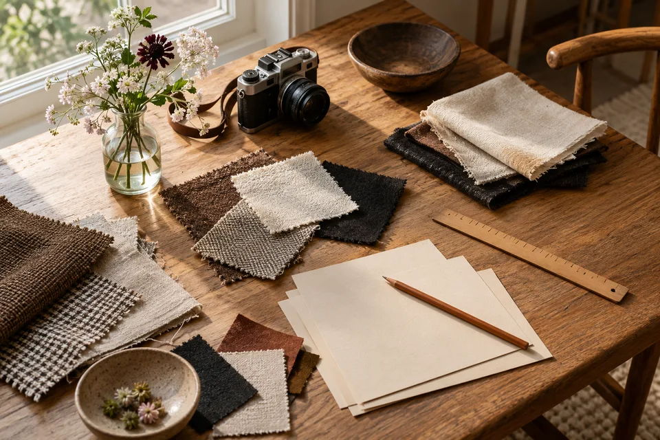 Fabric swatches, blank cards, pencils and a camera on a creative workspace beside a window