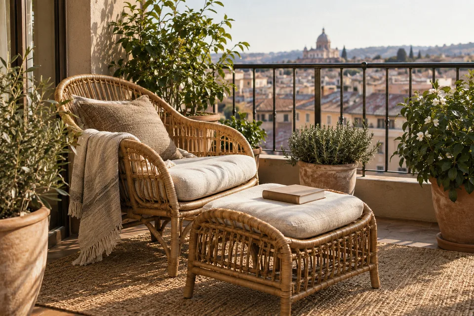 A quiet balcony with a wicker chair, footstool, closed book and green plants in the morning light