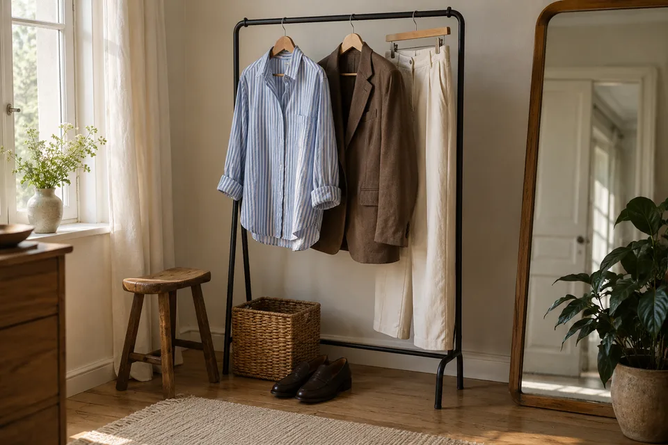 A blue striped shirt, brown blazer and cream trousers hanging in a light-filled wardrobe corner