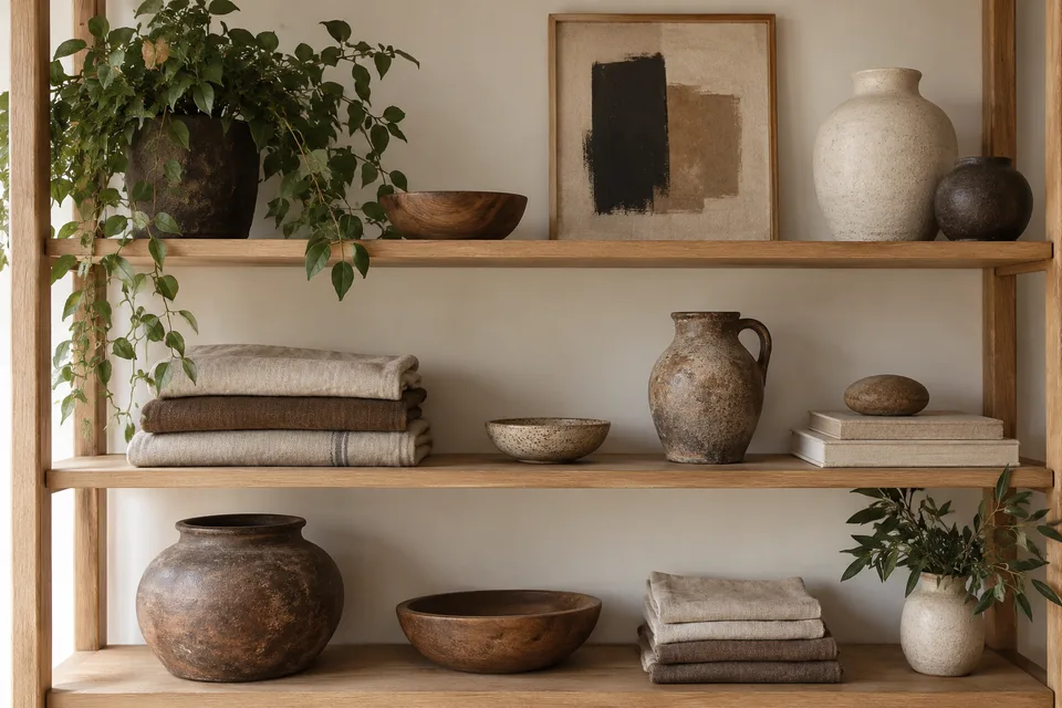 Ceramic vessels, folded linen, a small abstract artwork and greenery on an open wooden shelf