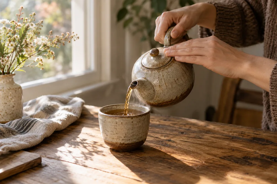 Hands pouring tea from a ceramic teapot into a cup beside a sunlit window