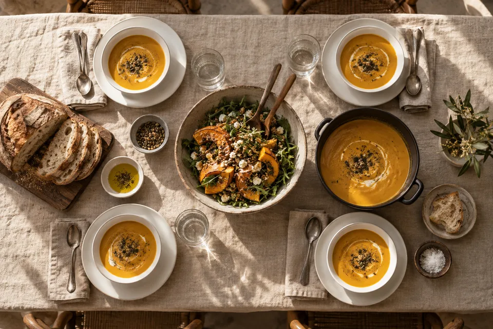 A table set for four with pumpkin soup, bread, salad and simple ceramics