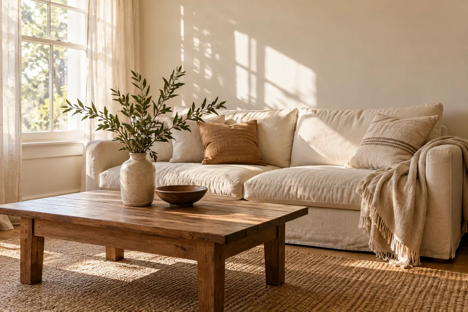 A cream sofa, wooden coffee table and branches in a sunlit living room