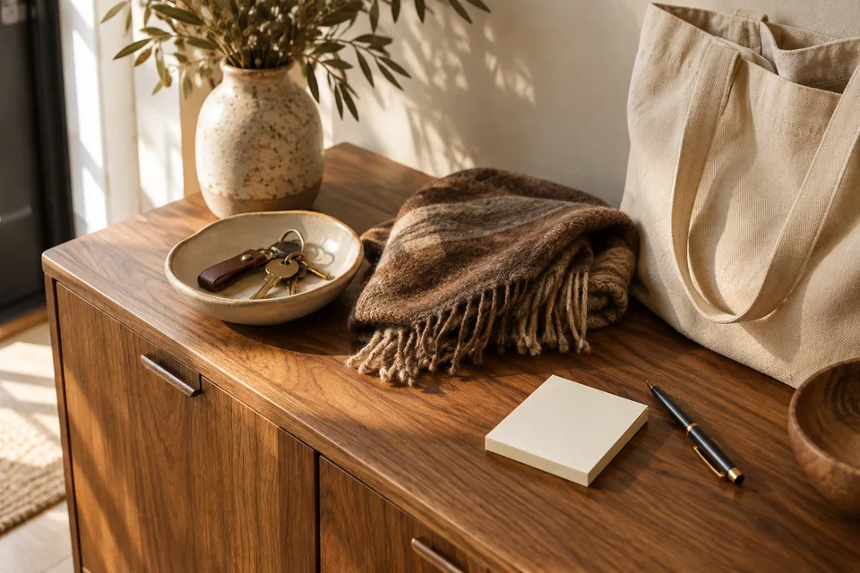 Keys in a ceramic dish, a folded scarf, a canvas bag and blank notes on an entryway cabinet