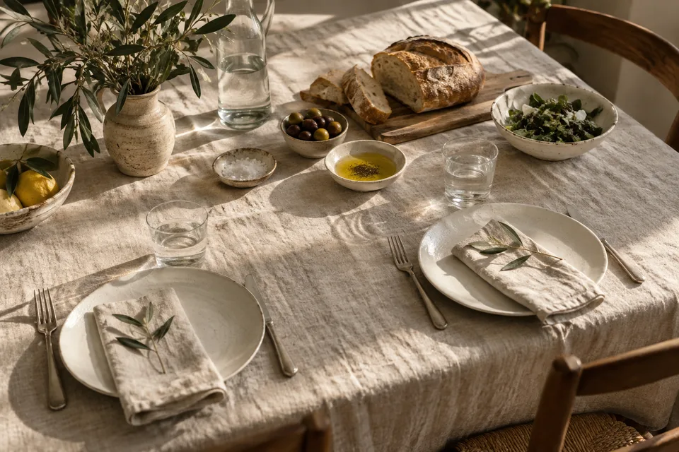 White ceramics, simple glasses and bread on a linen-covered table